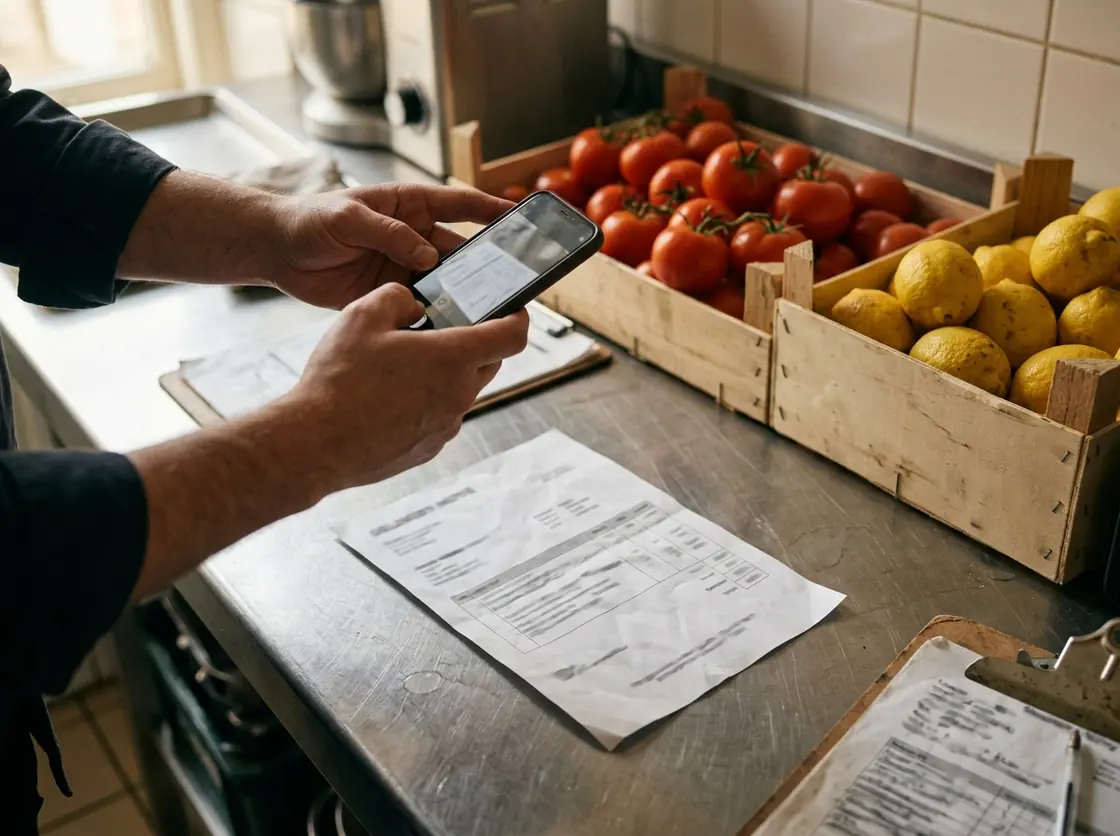 Las manos de un responsable de cocina fotografían con el móvil un albarán sobre la encimera, junto a cajas de tomates y limones