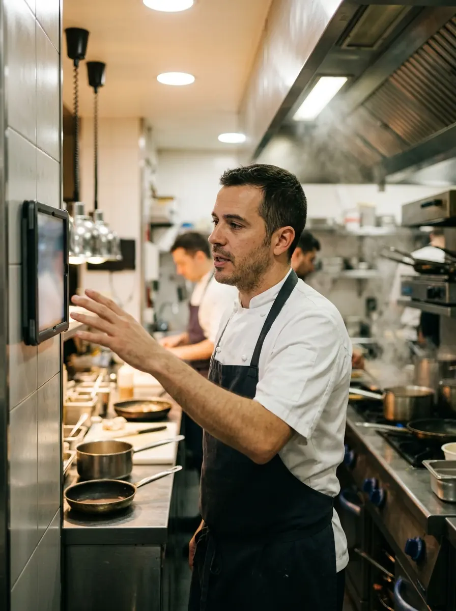 Un cocinero dicta lo que falta a una tableta en plena cocina, durante el servicio