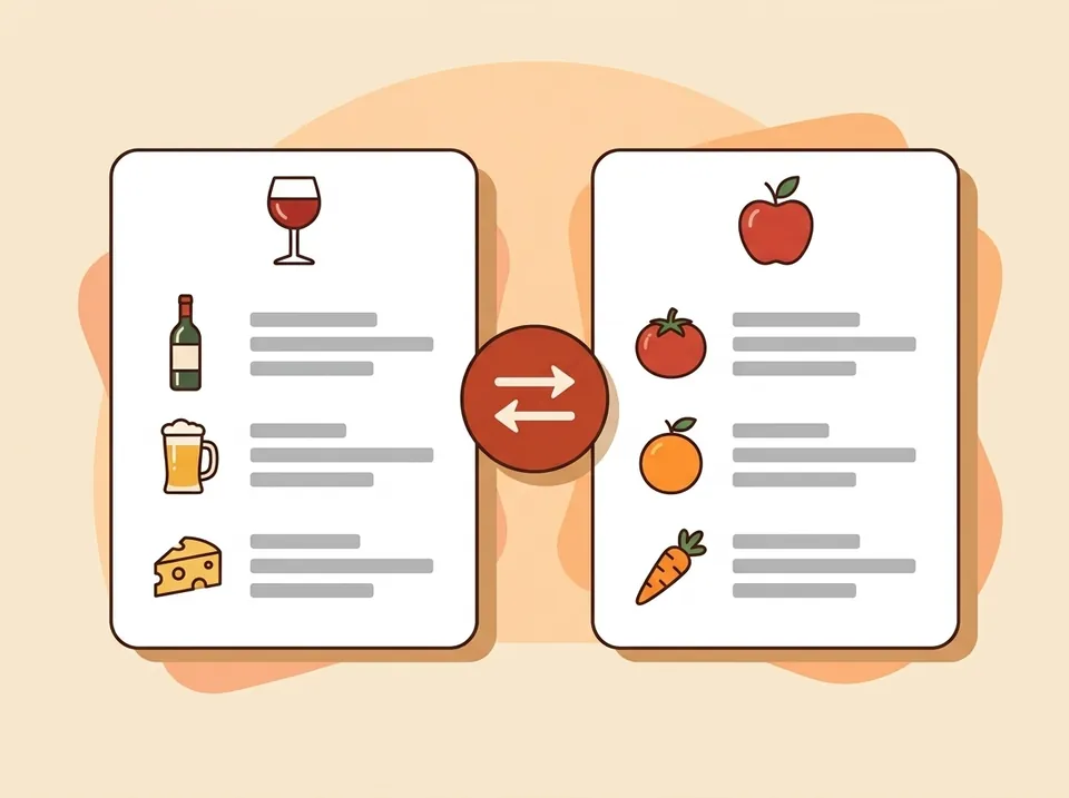 Dos listas de productos separadas por proveedor: bebidas a un lado, fruta y verdura al otro