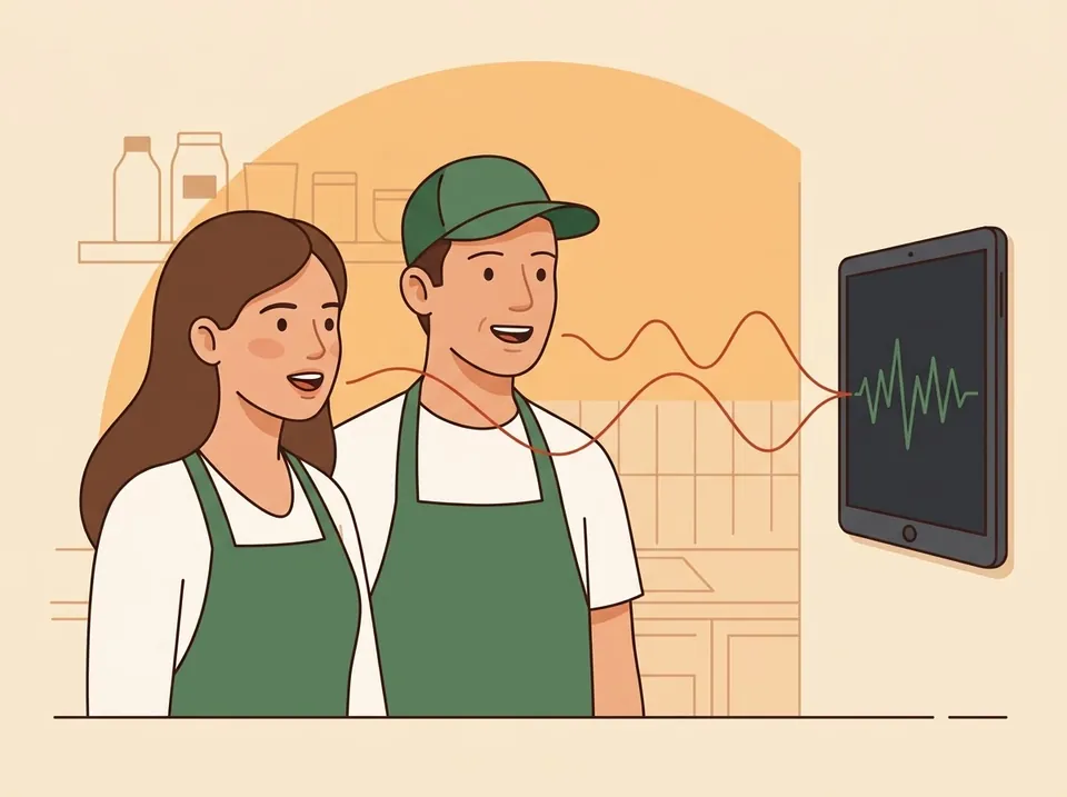 Dos trabajadores de cocina hablan a una tableta y sus voces se convierten en ondas de sonido